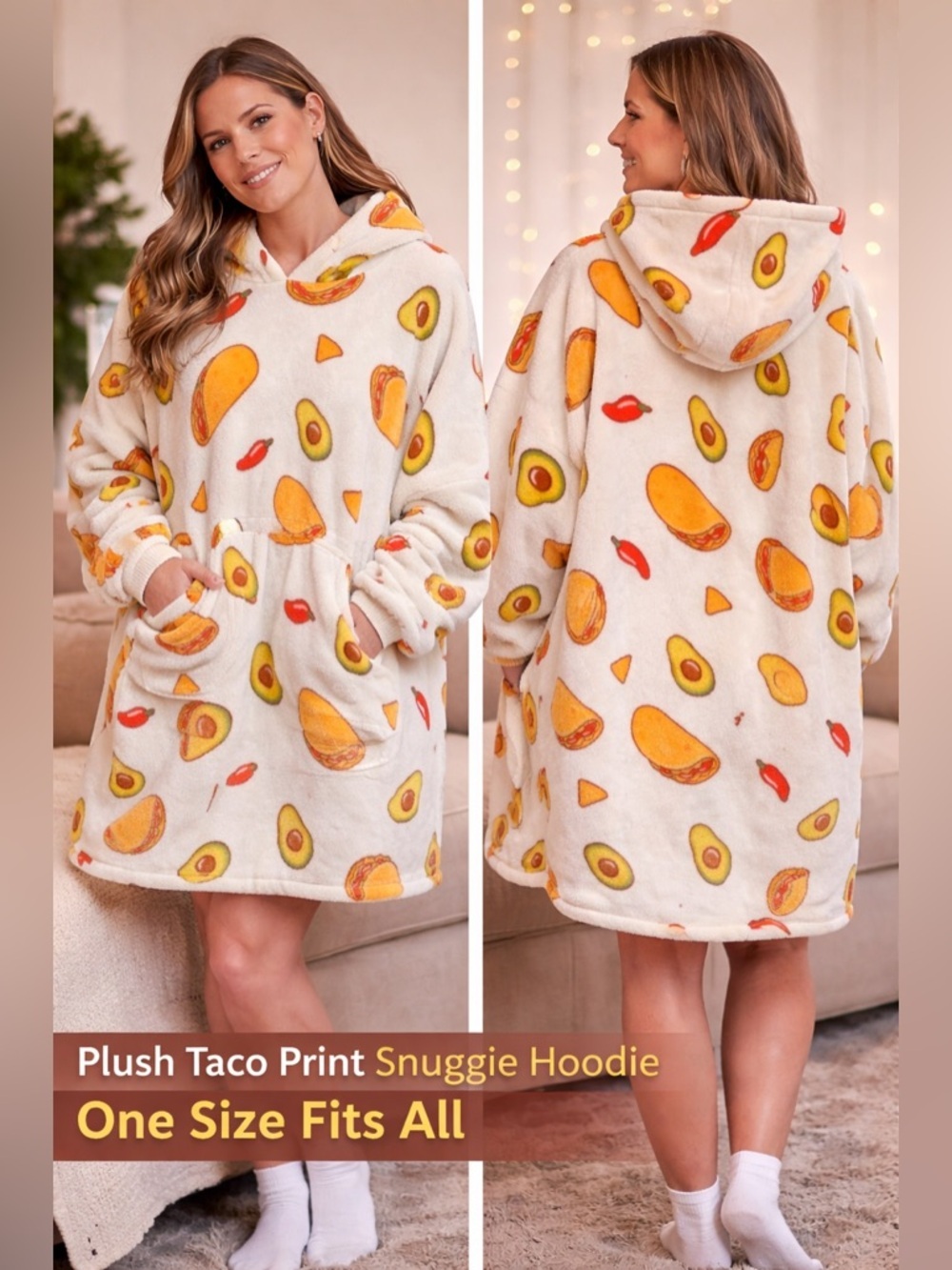 Plush Taco & Avocado Print Snuggie Hoodie - Cream ONE SIZE FITS ALL